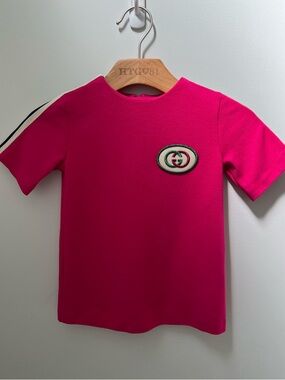 Gucci Hot Pink Kids' Short Sleeve dress with Stripe and Logo Patch